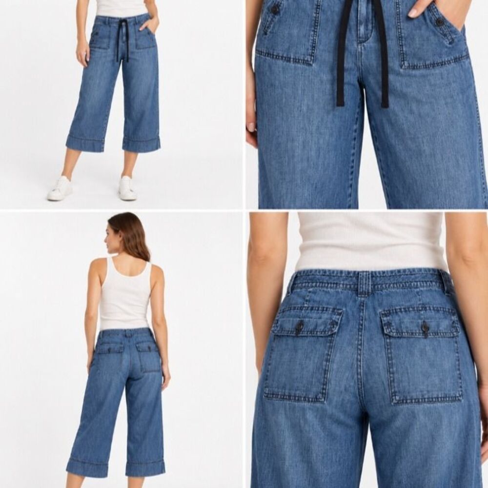 GAP Jeans Size 18 Blue Denim Wide Leg Capri Cropped Utility Pants Drawstring